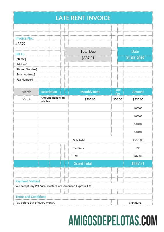 em branco Modelo de fatura de aluguel atrasado